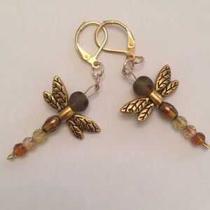 🟡 Dragonfly Earrings Gold Tone With Lever backs, Handcrafted